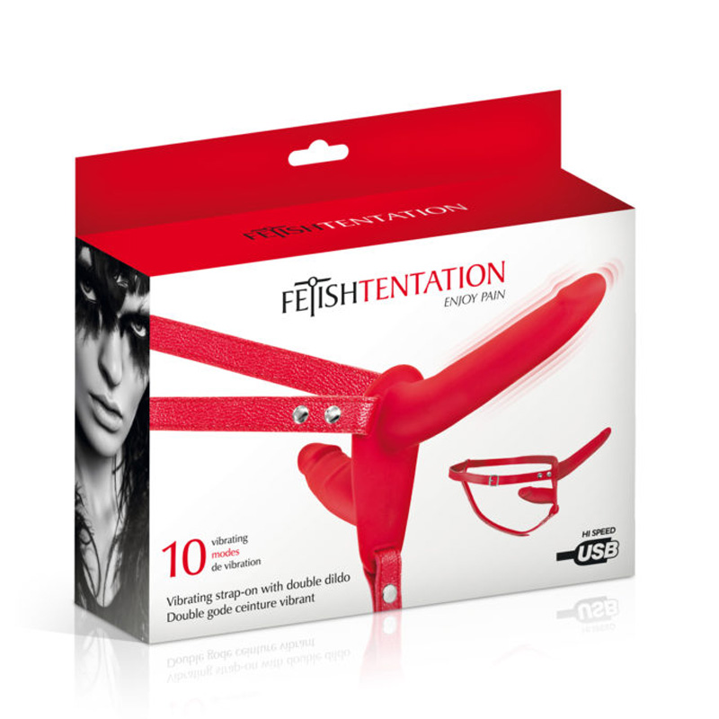 Fetish Tentation Strap-On dupli dildo sa vibracijom (crveni)